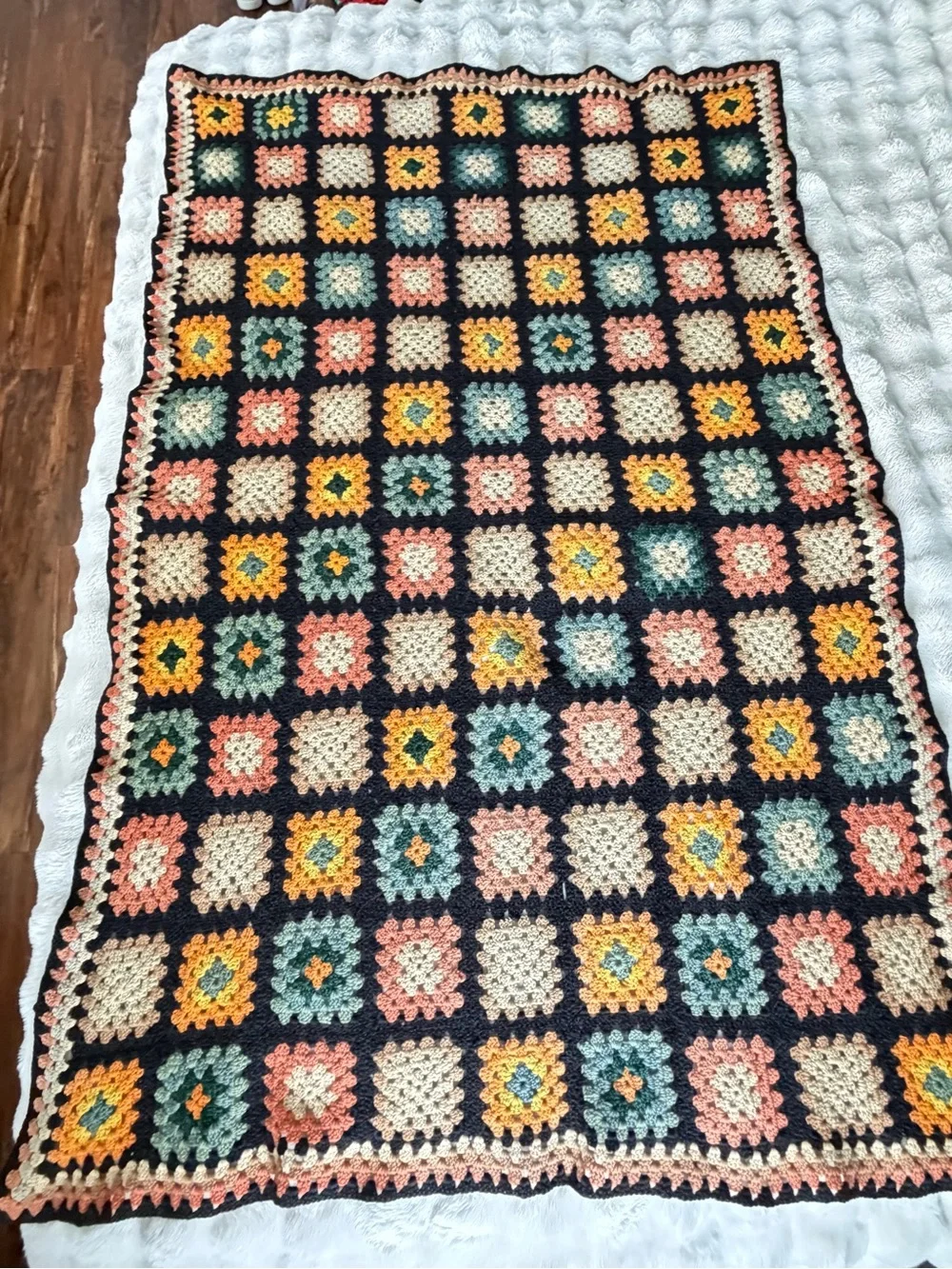 Vintage Handmade Granny Square Crochet Blanket Throw 42 x 64 Boho Retro Afghan